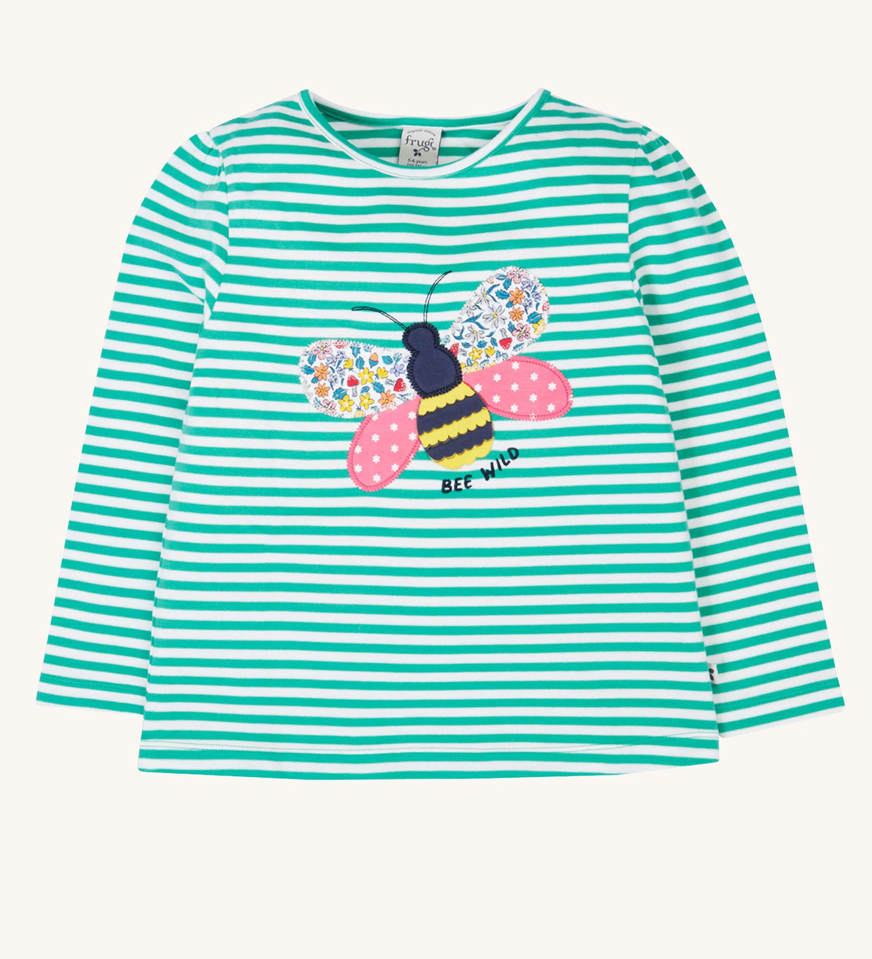 Frugi Theresa top with dragon green coloured stripe and bee design.