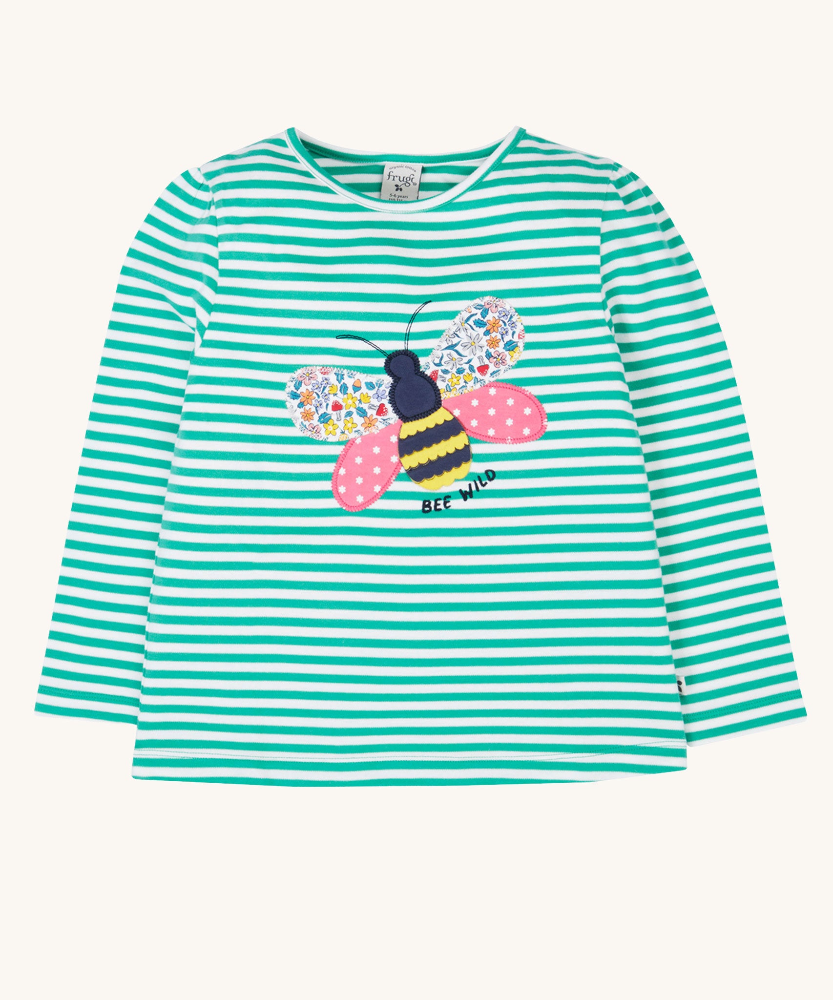 Frugi Theresa top with dragon green coloured stripe and bee design.