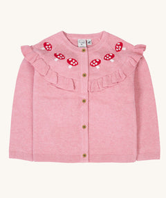 Frugi pink marl coloured romi cardigan with red mushroom details. Th egardigan has a pink ruffle with red toadstool above teh ruffle.