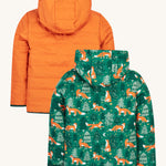 The back of the Frugi kids toasty trail reversible jacket in squirrel and fox colour way showing the hood detail and green trim on the arm cuff and hem