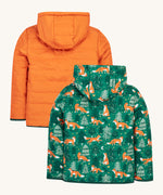 The back of the Frugi kids toasty trail reversible jacket in squirrel and fox colour way showing the hood detail and green trim on the arm cuff and hem