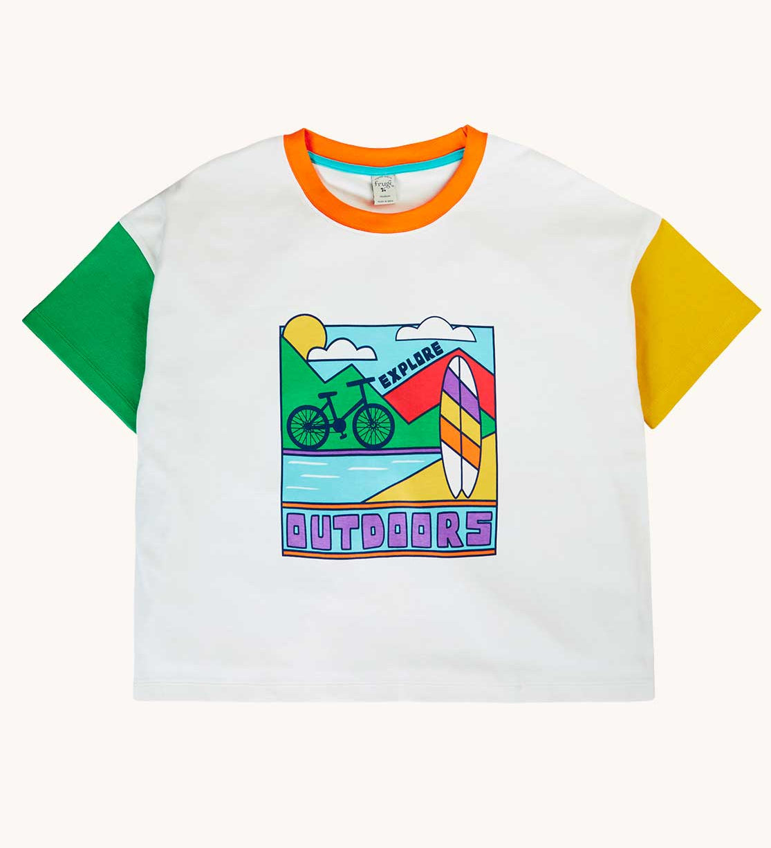 Frugi white Relaxed T-Shirt with a outdoors themed graphic on the front. One green sleeve, one yellow sleeve and an orange collar trim. 