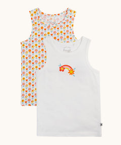 Frugi varlie bloom vest 2 pack multipack. One vest has an all over flower print on a white background with the other featuring a rainbow and flower graphic in the middle of the chest area on a white background. 