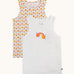 Frugi varlie bloom vest 2 pack multipack. One vest has an all over flower print on a white background with the other featuring a rainbow and flower graphic in the middle of the chest area on a white background. 