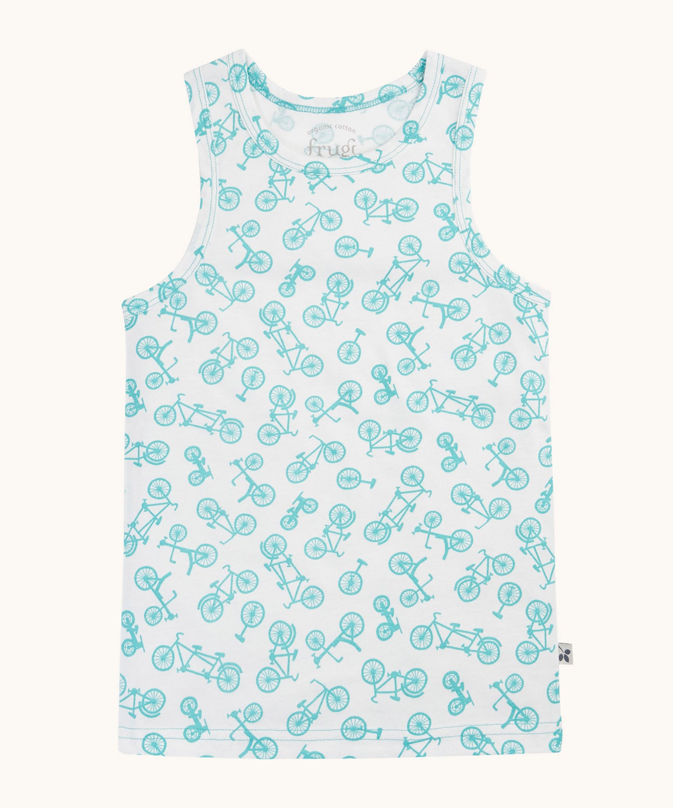 The blue bicycle print vest from the Frugi varlie vest 2 pack multipack. The vest has an all over blue bike print on a white background and is made from organic cotton. 