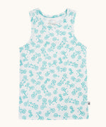 The blue bicycle print vest from the Frugi varlie vest 2 pack multipack. The vest has an all over blue bike print on a white background and is made from organic cotton. 