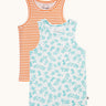 Frugi varlie vest 2 pack multipack. One vest has an all over blue bike print on a white background with the other featuring a bold orange and white striped design. 