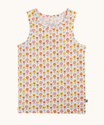 The all over flower print vest from the Frugi varlie bloom vest 2 pack multipack. The organic cotton children's vest has an all over flower print in orange, yellow, pink and turquoise colours on a white background.