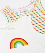 A close up of the rainbow detail on the white vest included in the A pack of 2 Frugi varlie rainbow multipack sleeveless, organic cotton children's vests. 