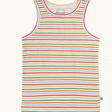 The rainbow striped vest from the Frugi varlie sleeveless, organic cotton children's vests multi-pack. The vest has a rainbow stripe design in red, yellow, green, orange, blue and white. 