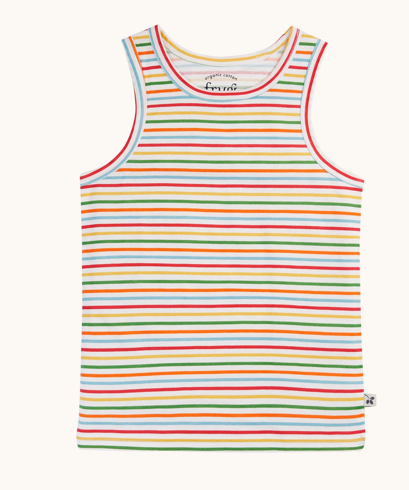 The rainbow striped vest from the Frugi varlie sleeveless, organic cotton children's vests multi-pack. The vest has a rainbow stripe design in red, yellow, green, orange, blue and white. 
