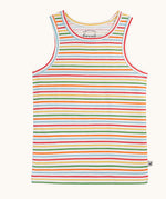 The rainbow striped vest from the Frugi varlie sleeveless, organic cotton children's vests multi-pack. The vest has a rainbow stripe design in red, yellow, green, orange, blue and white. 