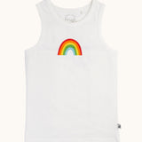 The white vest from the Frugi varlie sleeveless, organic cotton children's vests multipack. The vest has a  rainbow in the middle of the chest area. 