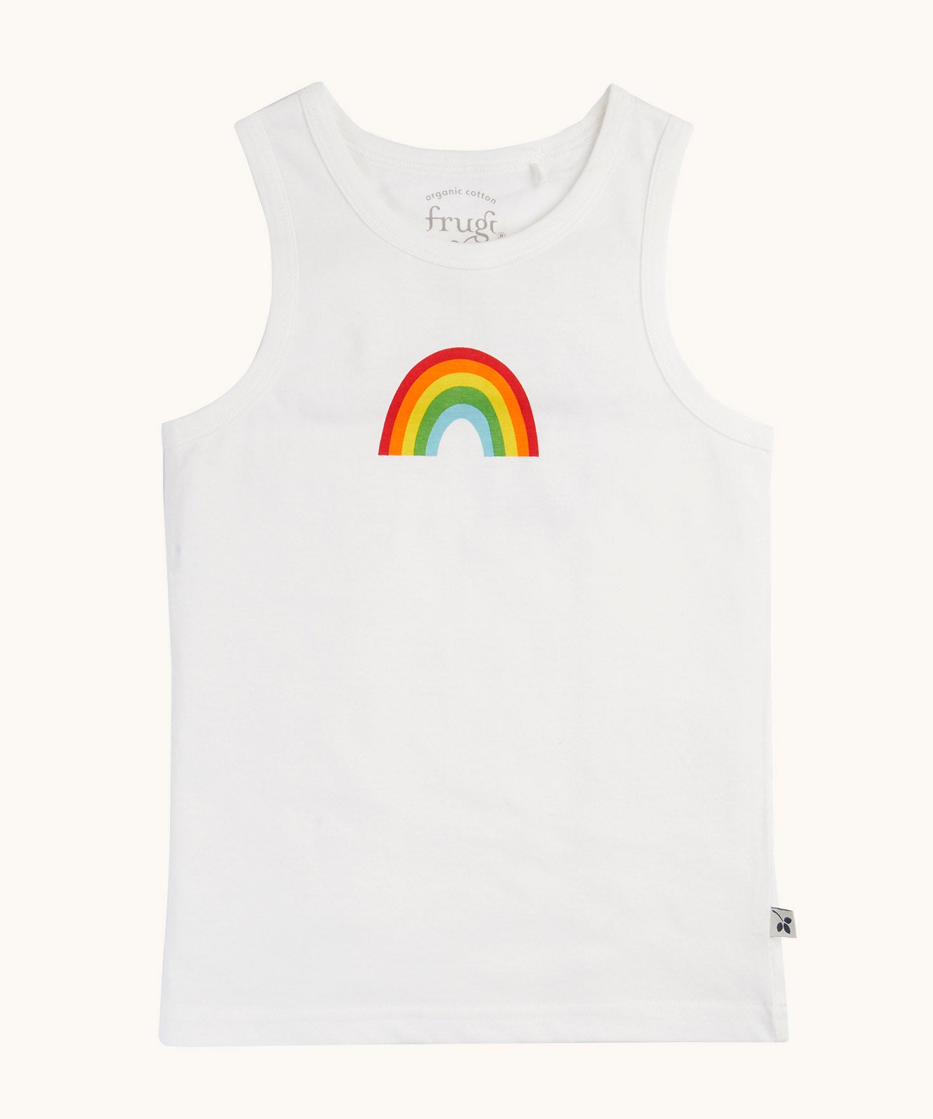 The white vest from the Frugi varlie sleeveless, organic cotton children's vests multipack. The vest has a  rainbow in the middle of the chest area. 