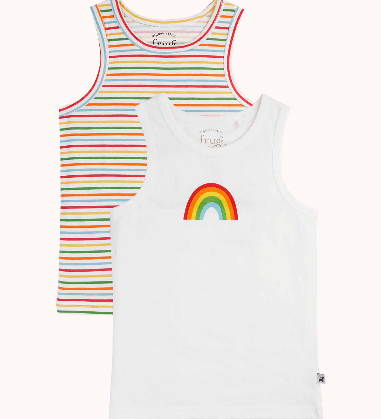 A pack of 2 Frugi varlie sleeveless, organic cotton children's vests. One vest a rainbow stripe design one is white with a rainbow in the middle of the chest area. 