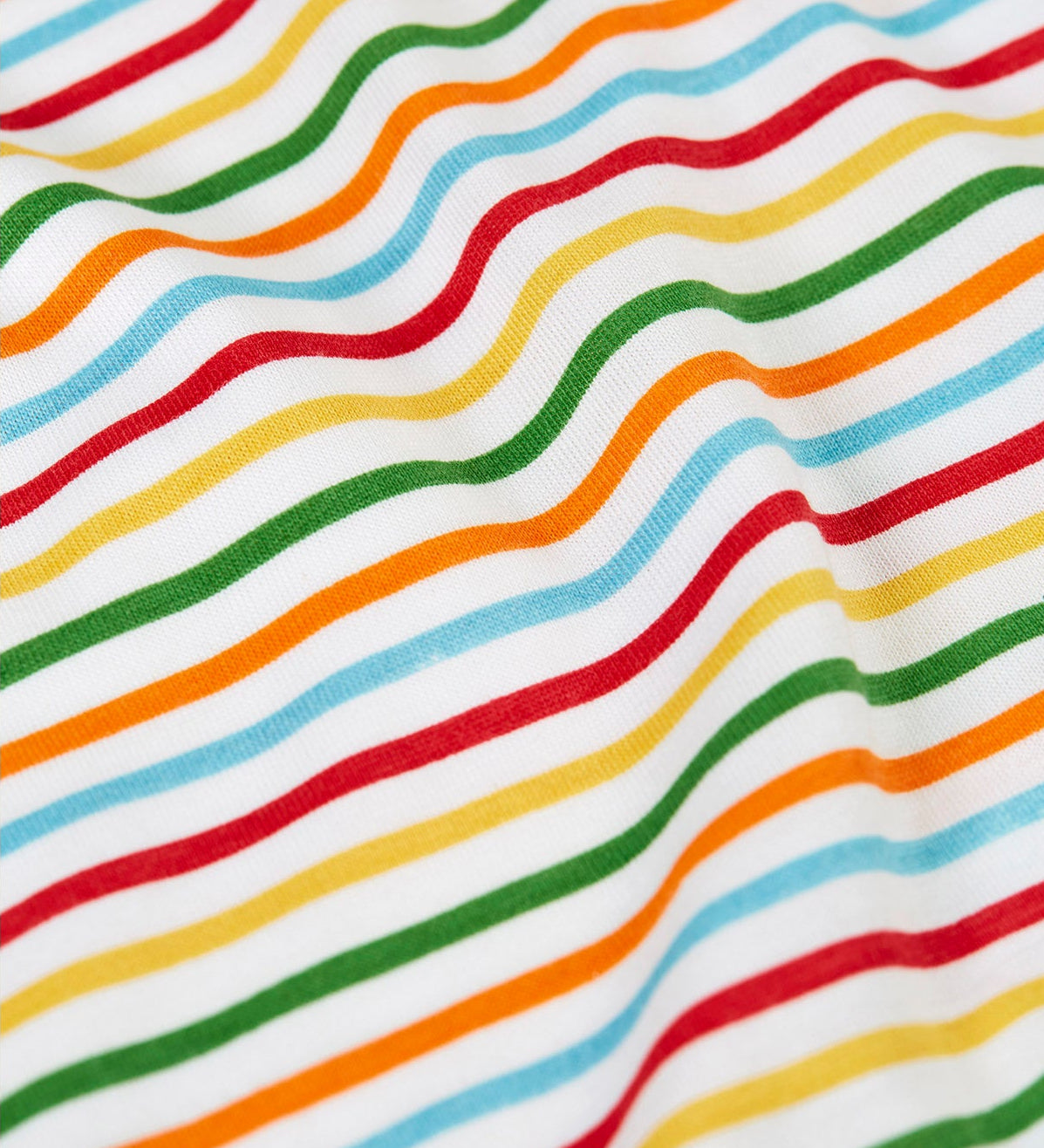 A close up of the rainbow stripes on the vest from the Frugi varlie sleeveless, organic cotton children's vests multi pack. 