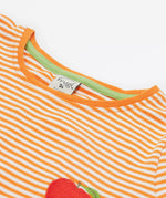 Close up of the Frugi kids lifeboat stripe veg t-shirt. Showing the solid orange neck detail  orange and white stripe organic cotton fabric