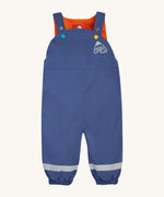 Frugi little kids waterproof dungarees in navy with reflective straps on the legs. Features elasticated leg cuffs and orange fleece liner for warmth 