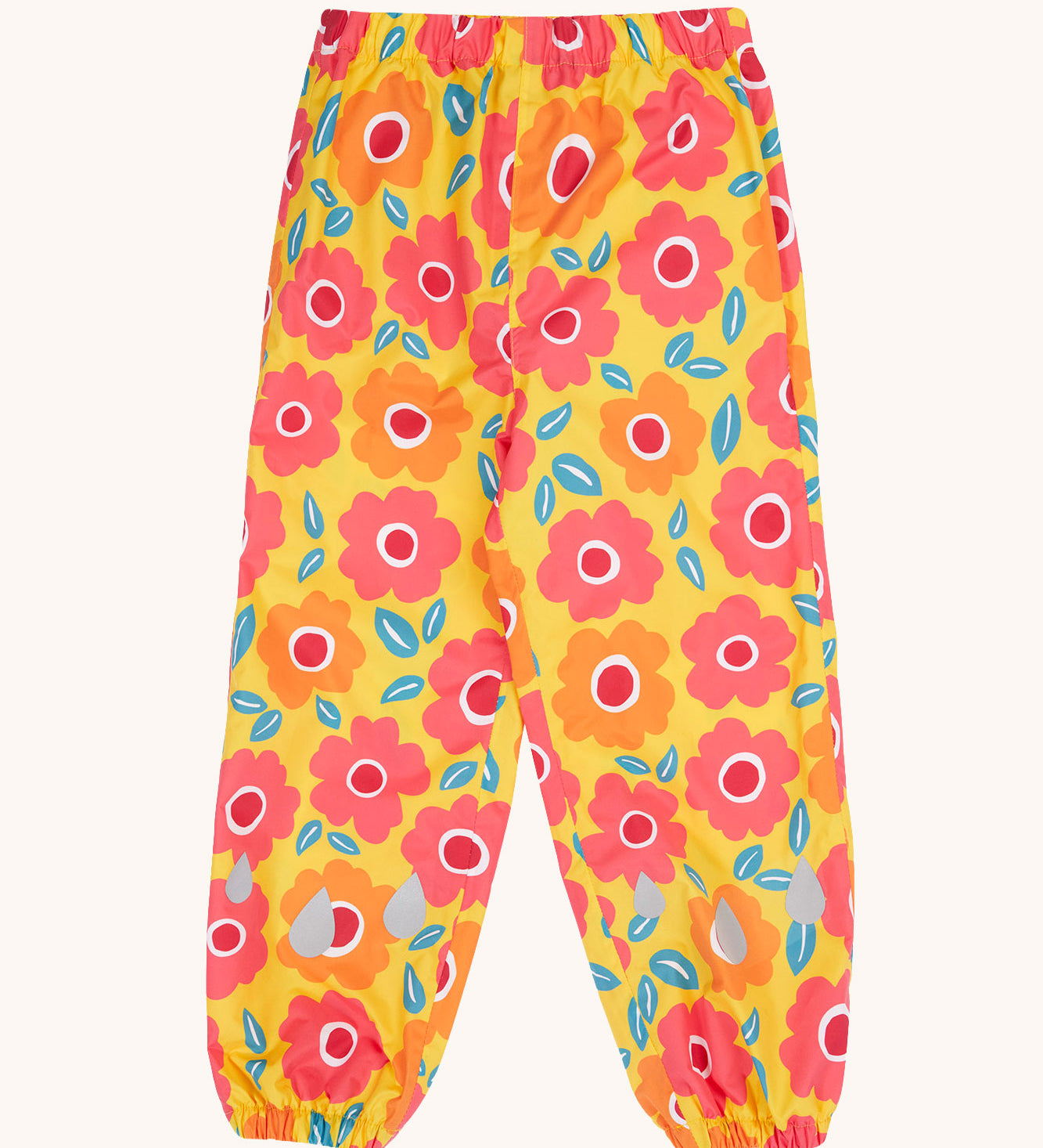 Frugi yellow rain or shine waterproof trousers an all over pink and orange flowers print.