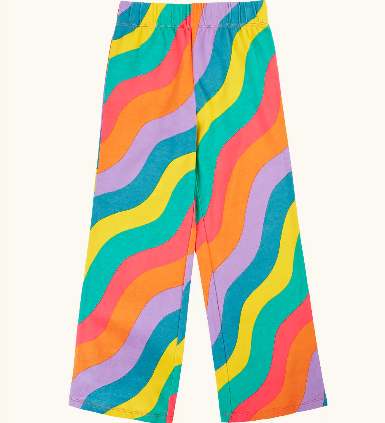Frugi organic cotton wide leg rainbow ric rac pattern children's trousers with elasticated waistband. 