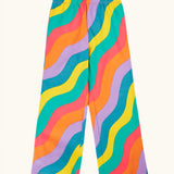 Frugi organic cotton wide leg rainbow ric rac pattern children's trousers with elasticated waistband. 