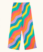 Frugi organic cotton wide leg rainbow ric rac pattern children's trousers with elasticated waistband. 