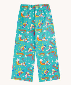 Frugi wide leg trousers with an all over wheely happy rainbow roller blades and skateboard print on a teal background.