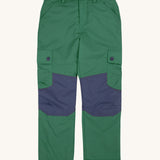 Frugi Wilderness green trousers with navy blue coloured knee patches.