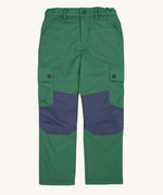Frugi Wilderness green trousers with navy blue coloured knee patches.