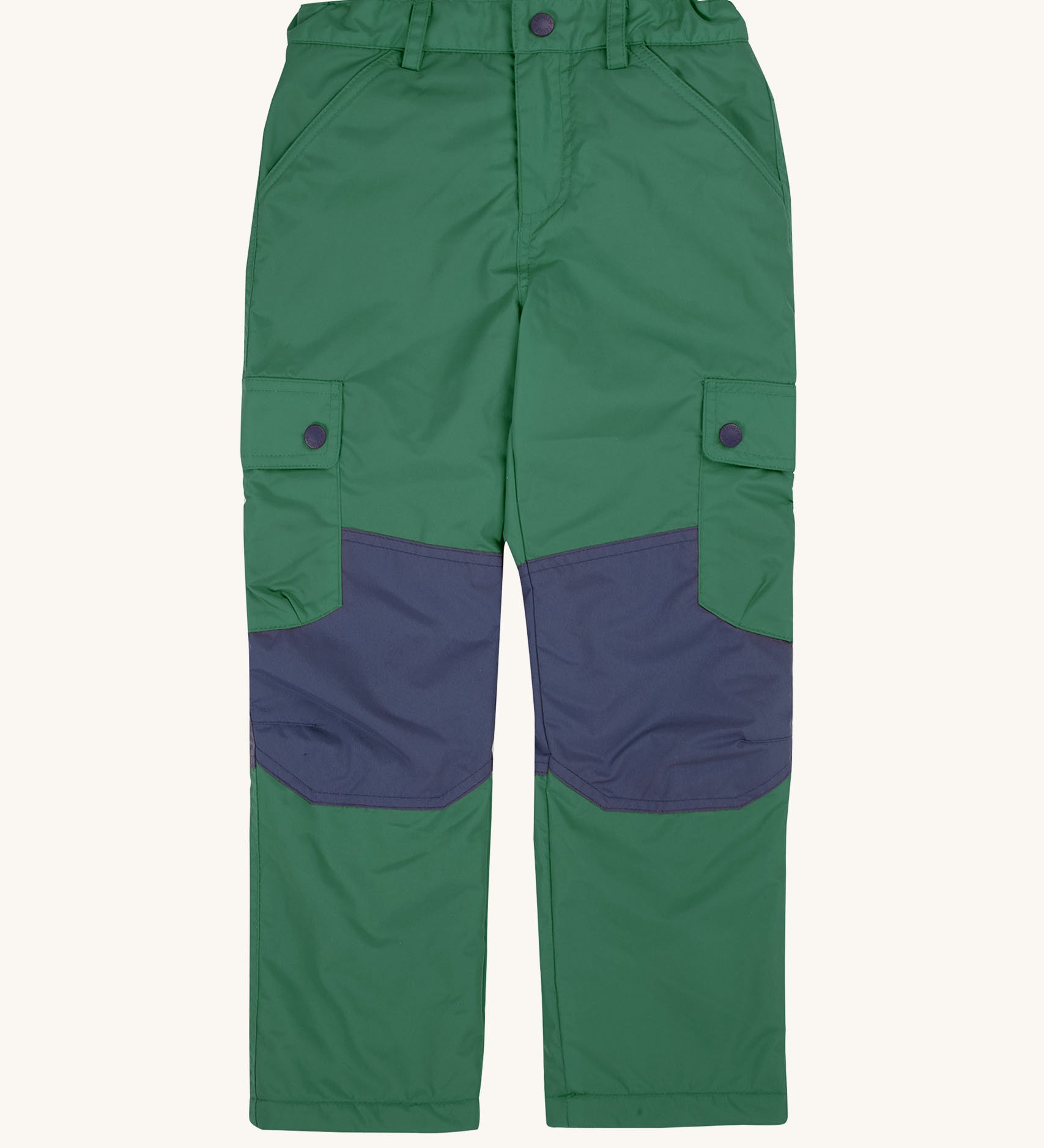 Frugi Wilderness green trousers with navy blue coloured knee patches.