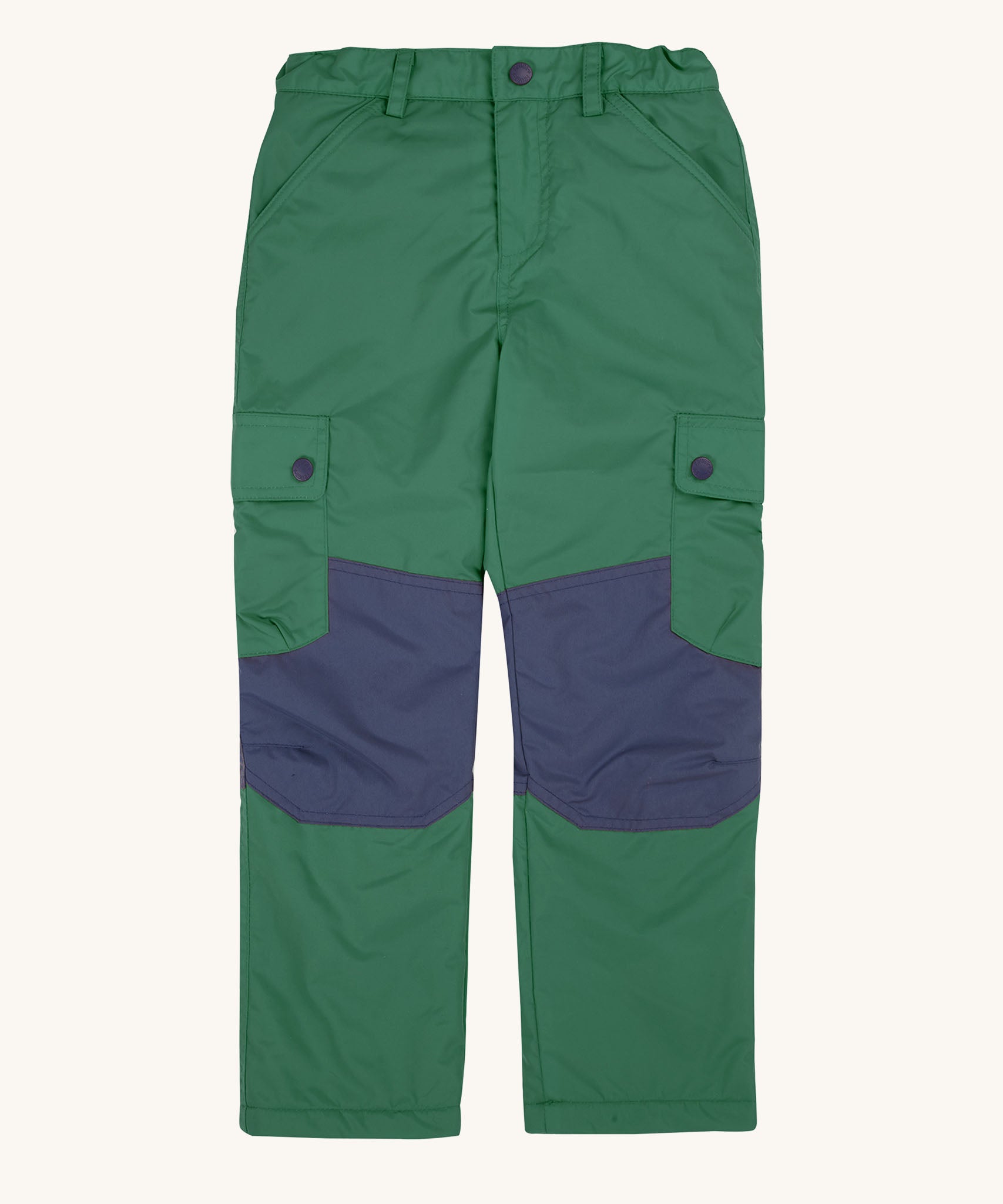 Frugi Wilderness green trousers with navy blue coloured knee patches.