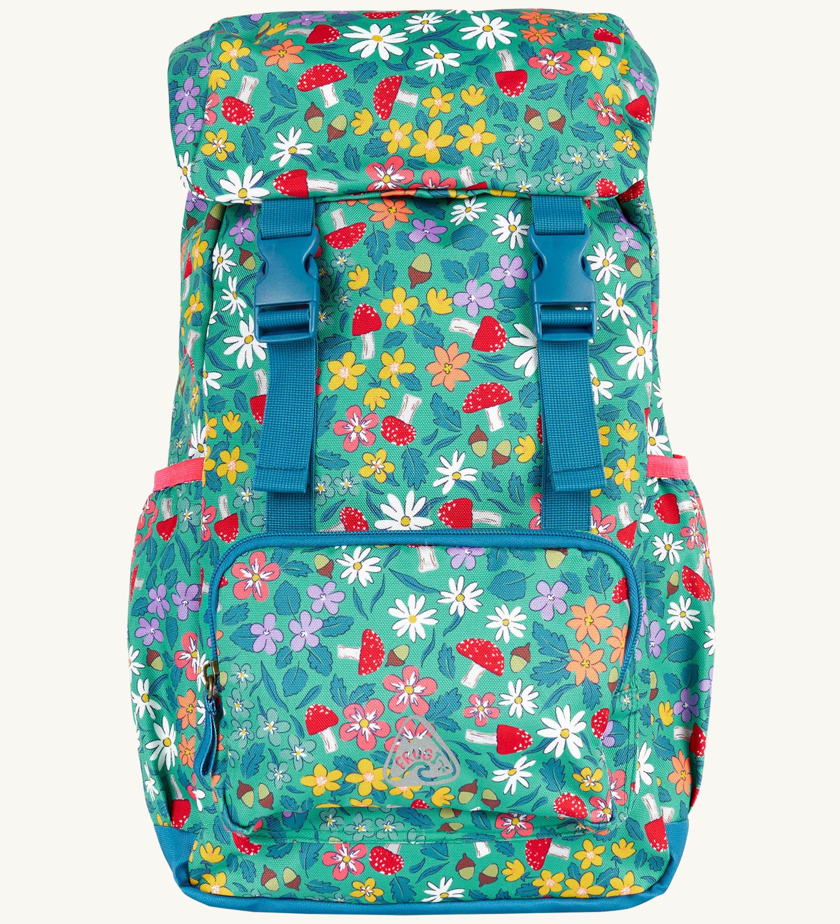 Frugi kids trail blazing backpack in wild woods available at Babipur. A turquoise outdoor backpack with blue trim and multiple woodland inspired prints. Features a flip top main compartment and zipped compartment in the front with 2 bottle holders. 