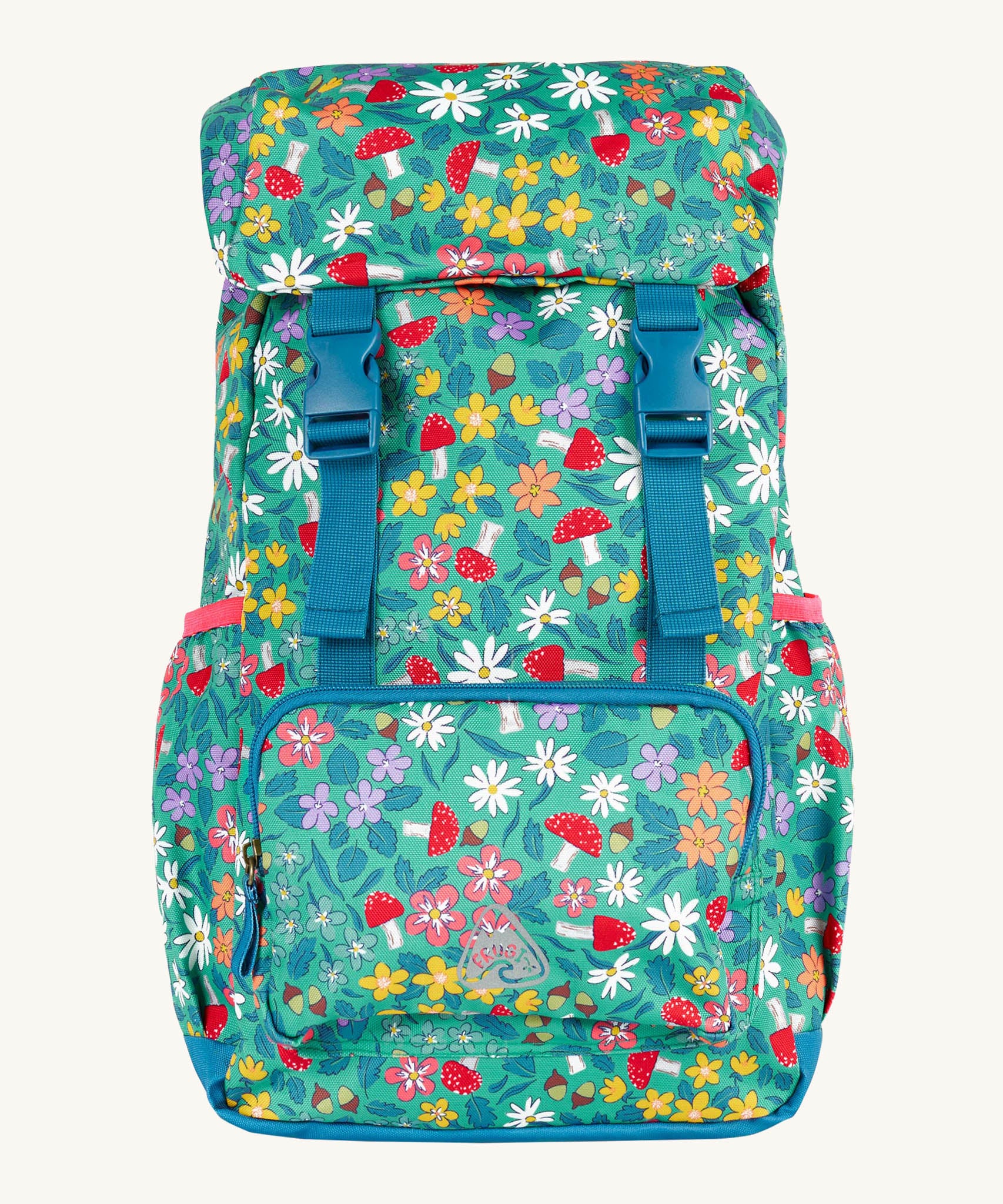 Frugi kids trail blazing backpack in wild woods available at Babipur. A turquoise outdoor backpack with blue trim and multiple woodland inspired prints. Features a flip top main compartment and zipped compartment in the front with 2 bottle holders. 