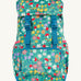 Frugi kids trail blazing backpack in wild woods available at Babipur. A turquoise outdoor backpack with blue trim and multiple woodland inspired prints. Features a flip top main compartment and zipped compartment in the front with 2 bottle holders. 