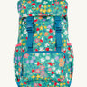 Frugi kids trail blazing backpack in wild woods available at Babipur. A turquoise outdoor backpack with blue trim and multiple woodland inspired prints. Features a flip top main compartment and zipped compartment in the front with 2 bottle holders. 