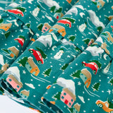 Close up of the all over Winter drives print on the Frugi organic cotton Annika long sleeve skater dress.