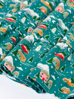 Close up of the all over Winter drives print on the Frugi organic cotton Annika long sleeve skater dress.