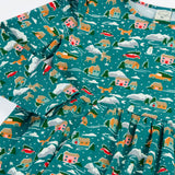 Close up of the Frugi winter drives organic cotton Annika long sleeve skater dress showing the frilled shoulders.