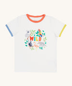 Frugi Xavier Circus T-Shirt in Soft White laid flat, featuring the word 'WILD' surrounded by exotic animals, with colourful hem details.