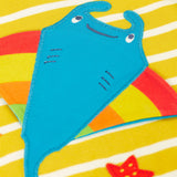 A super close up of the interactive ray applique on the front of the Frugi interactive ray applique yellow breton stripe organic cotton short sleeved T-Shirt.