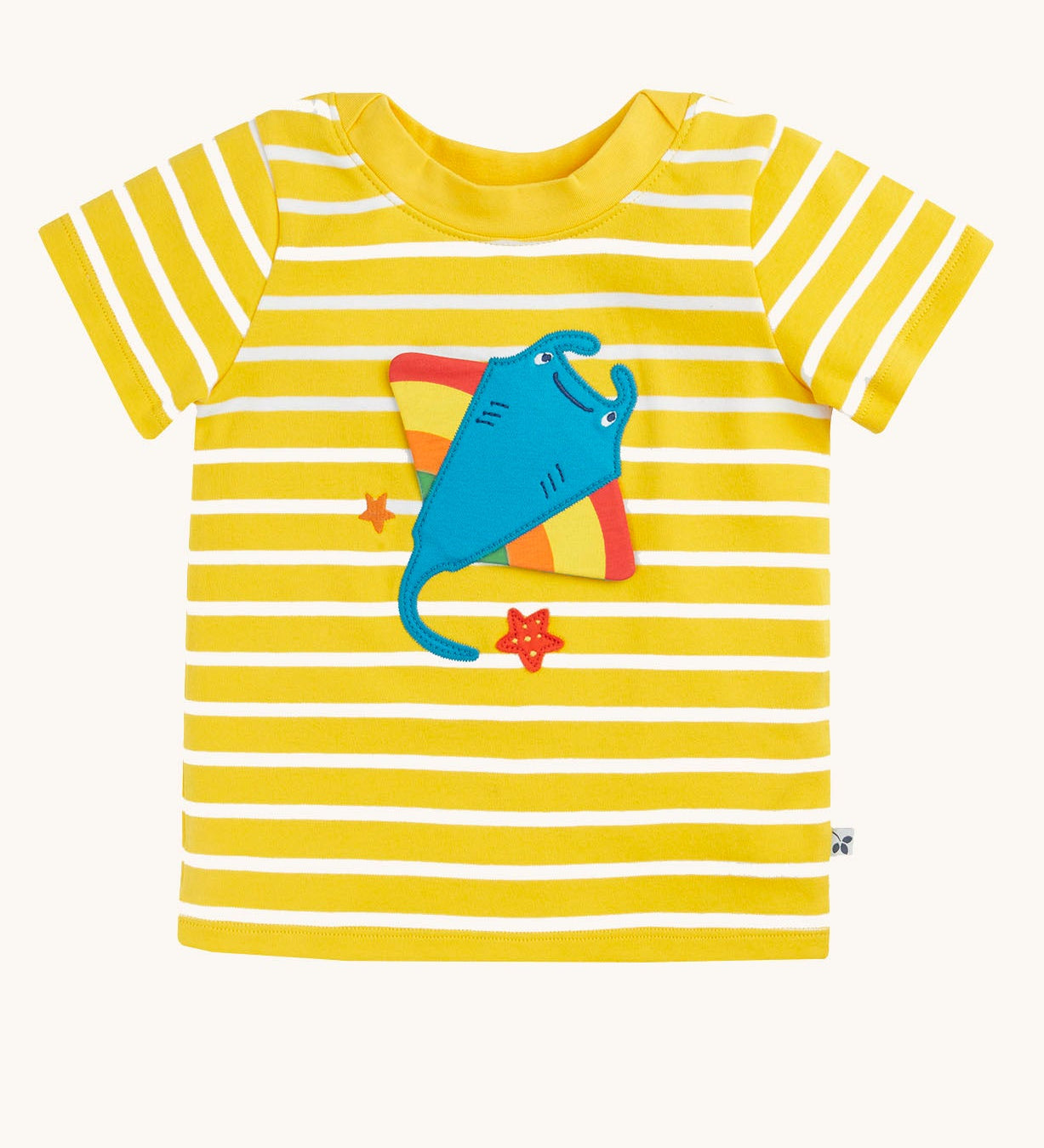 Frugi interactive ray applique yellow breton stripe organic cotton short sleeved T-Shirt.