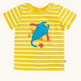 Frugi interactive ray applique yellow breton stripe organic cotton short sleeved T-Shirt.