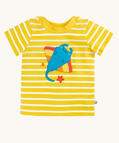 Frugi interactive ray applique yellow breton stripe organic cotton short sleeved T-Shirt.