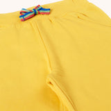 Frugi Bumblebee yellow Organic Cotton Samson Summer Shorts with rainbow stripe waist tie.