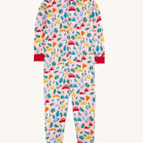 A Frugi Zelah zip up all in one featuring a pelican fun-guys mushroom themed print design.