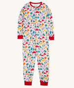 A Frugi Zelah zip up all in one featuring a pelican fun-guys mushroom themed print design.