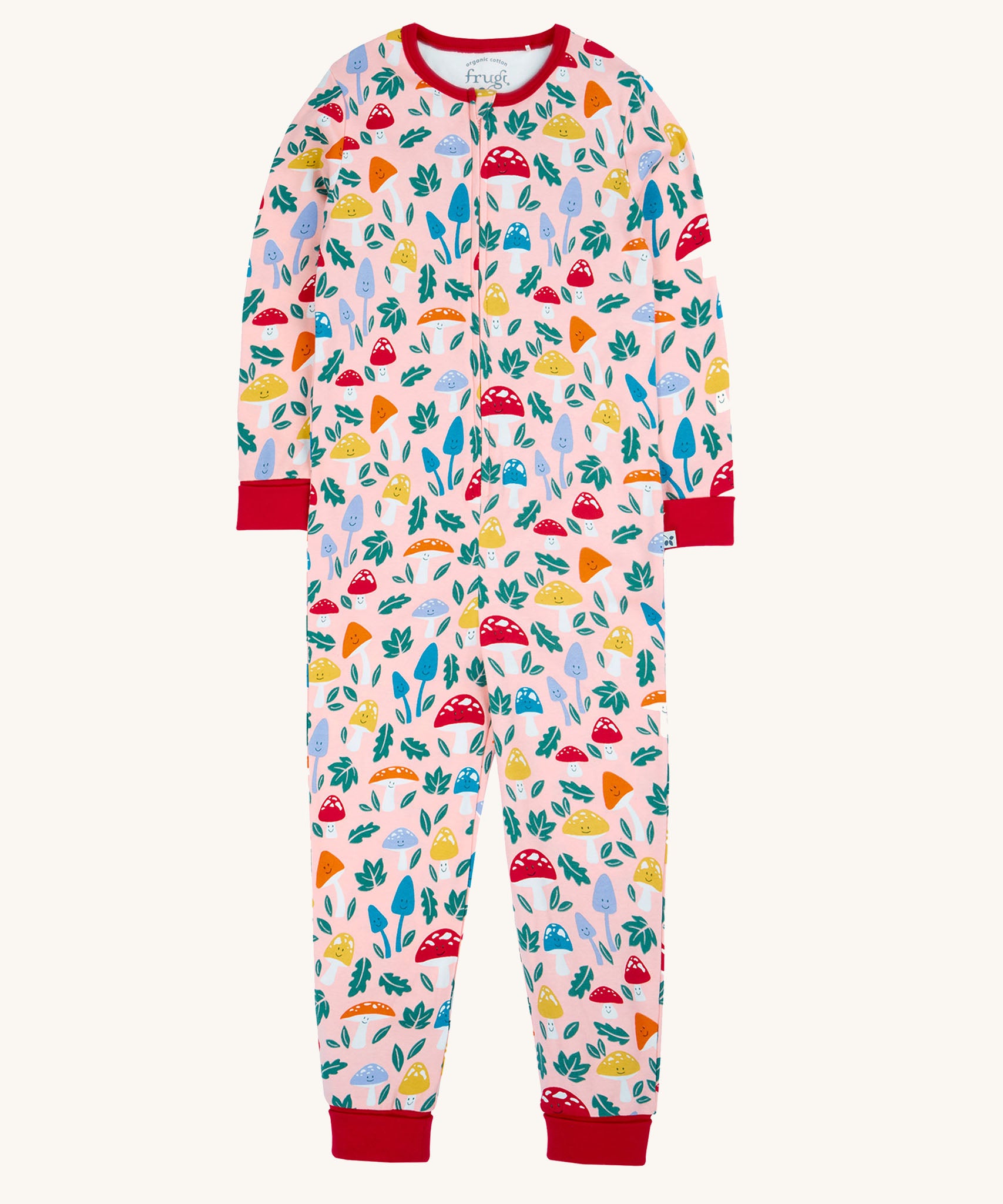 A Frugi Zelah zip up all in one featuring a pelican fun-guys mushroom themed print design.