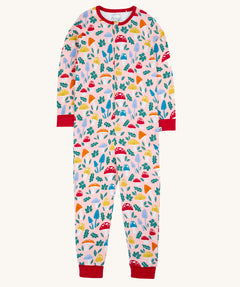 A Frugi Zelah zip up all in one featuring a pelican fun-guys mushroom themed print design.