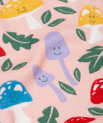 A close up of the Fun-Guys print on the Frugi Zelah zip up all in one.
