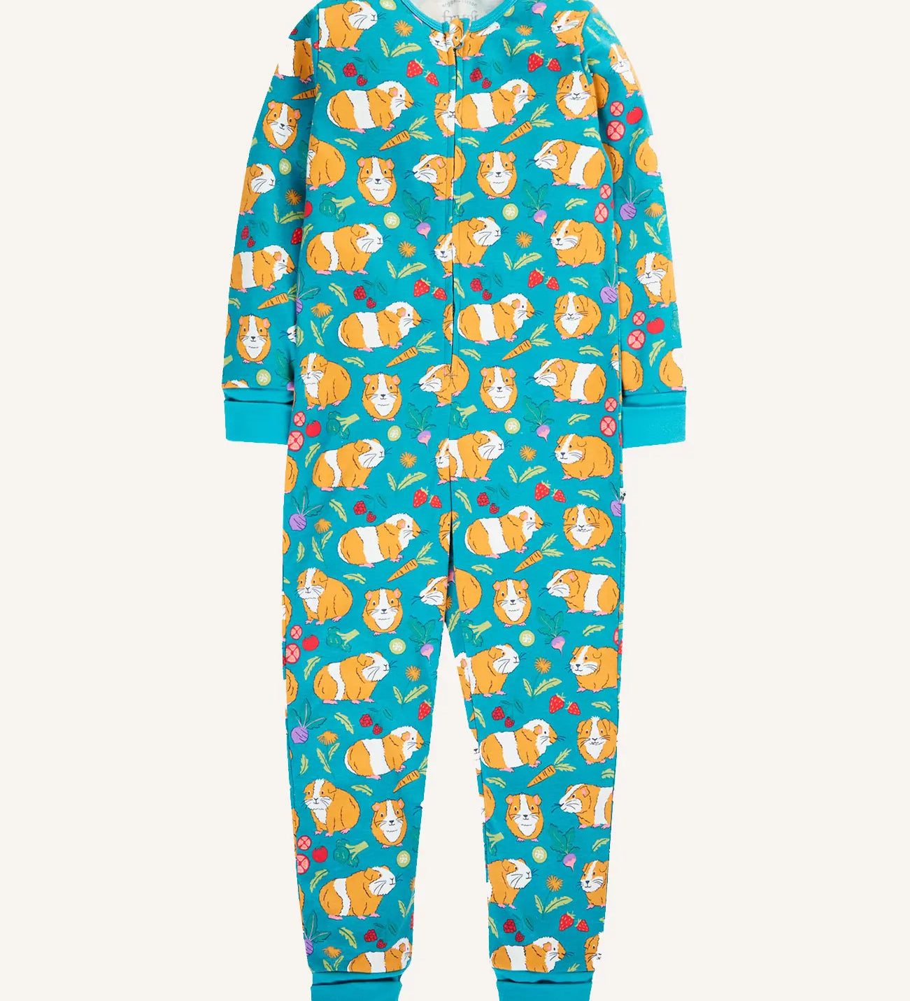 Frugi Zelah organic cooton kids zip up all in one in with a blue guinea pig muddle all over print. 